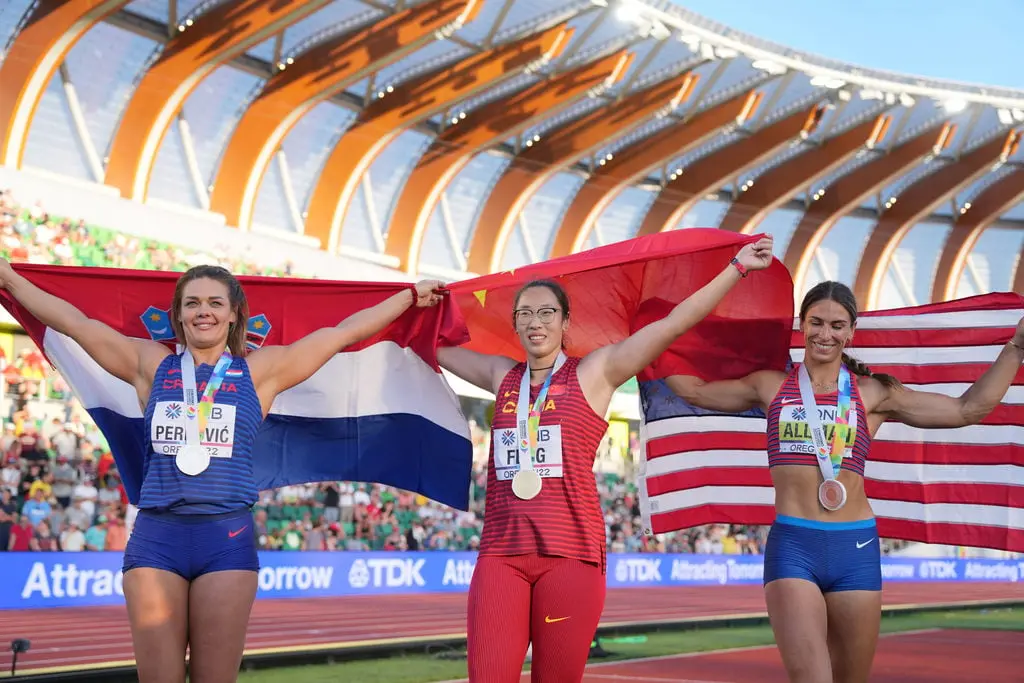 2022世界田徑錦標賽女子鐵餅決賽,馮彬以69.12米奪金(圖片來源:新華社)